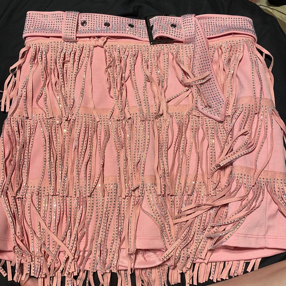 pink fringe skirt
